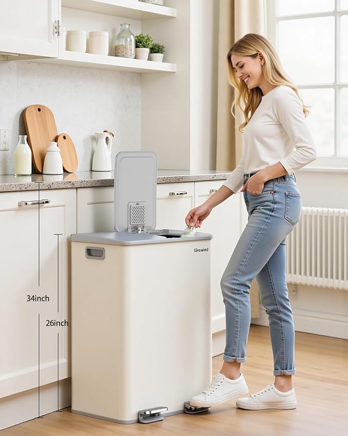 Lovewind Kitchen Trash Can, 2 x 8 Gallon (2 x 30 L) Stainless Steel Trash and Recycle Bin Combo with Soft-Close Lid, Dual Compartment Recycling Kitchen Step Trash Bin, Apricot