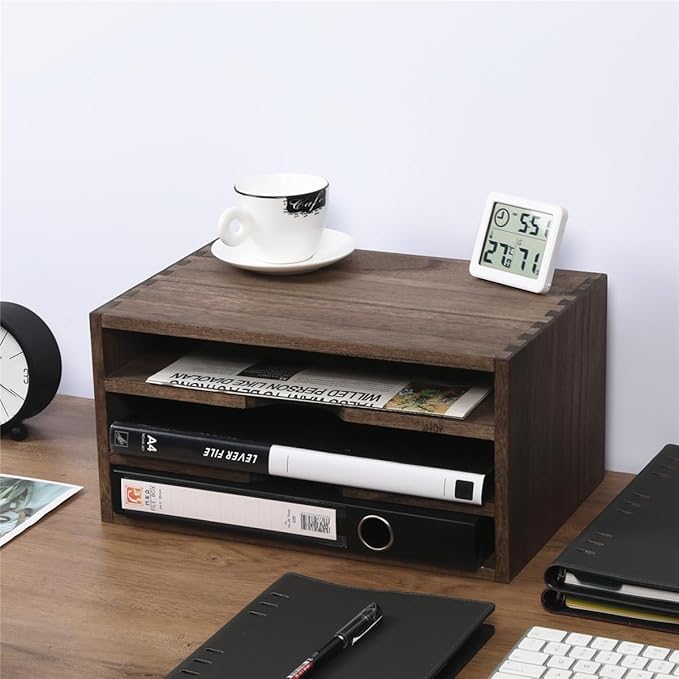 DDYURI 3-Tier Paper Storage Letter Tray File Sorter - Wood Desktop Document Organizer Holders with Mail Sorter, School & Home Magazine File Dividers for Office Accessories Dark(SJ3K-DK)