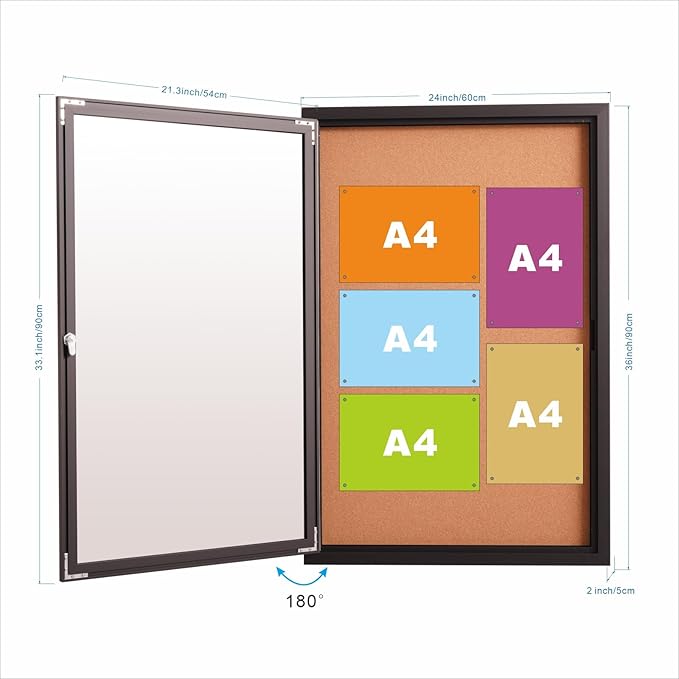 36x24 Inch Lockable Enclosed Bulletin Board, Weather-Resistant Outdoor Noticeboard with Locking Doors, Wall-Mounted Black Aluminum Frame & Cork Presentation Board
