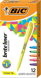 BIC Brite Liner Highlighters, Chisel Tip, 12-Count Pack of Highlighters Assorted Colors, Ideal Highlighter Set for Organizing and Coloring