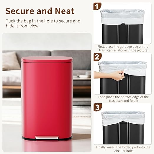 PayLessHere Stainless Steel Trash Can with Lid - Removable Inner Bucket, Foot Pedal, Soft Close for Office, Home, Kitchen (Red, 13 G)