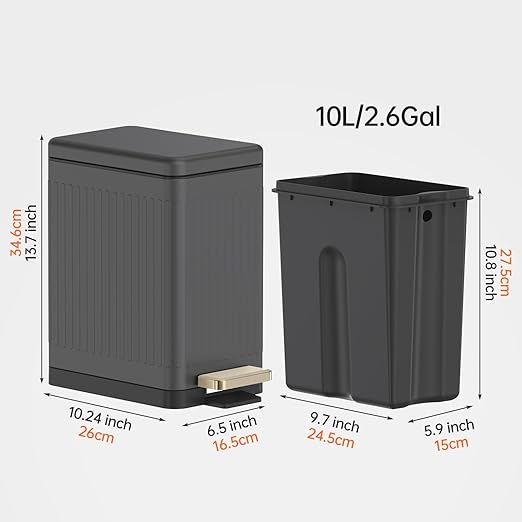 Mbillion Bathroom Trash Can with Lid-Stainless Steel Step Slim Garbage Can-Metal Wastebasket-10L/2.6 Gallon Rectangle Pedal Trash Bin for Narrow Office, Kitchen, Bedroom, Toilet-Soft Close, Grey