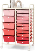 COSTWAY 15 Drawers Storage Cart, Multipurpose Rolling Utility Cart on Wheels w/Lockable Wheels & Removable Drawers, Mobile Tools Scrapbook Paper Organizer Cart for Office School Home, Mixed Pink