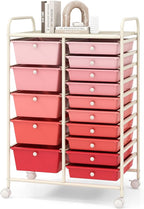 COSTWAY 15 Drawers Storage Cart, Multipurpose Rolling Utility Cart on Wheels w/Lockable Wheels & Removable Drawers, Mobile Tools Scrapbook Paper Organizer Cart for Office School Home, Mixed Pink