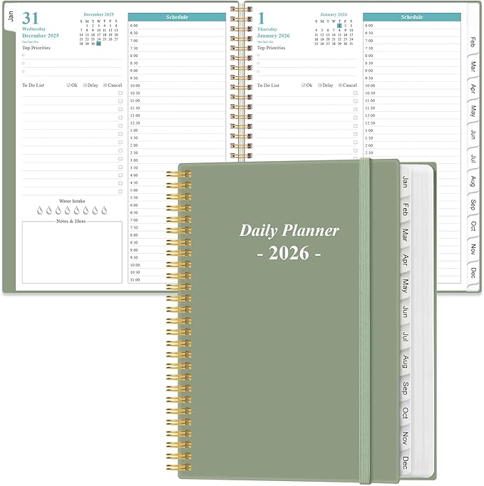 Daily Planner 2026 Full Page Per Day- 2026 Daily & Monthly Planner from January 2026 to December 2026, Day Planner 2026 with 12 Months Tabs, 8.5" x 11", Green