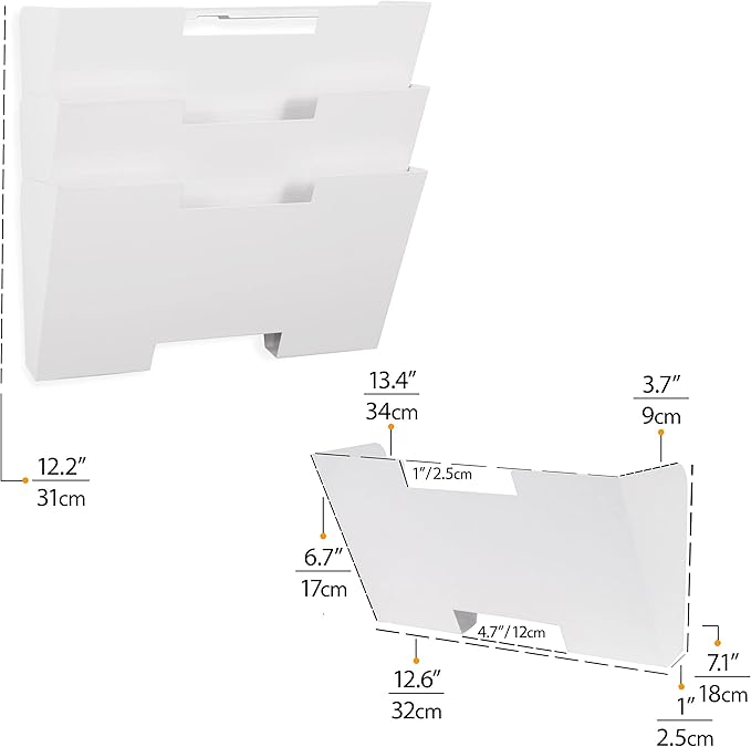 Wallniture Lisbon Wall File Holder Organizer for Office Storage, 3-Tier Mail and Magazine Holder Metal White