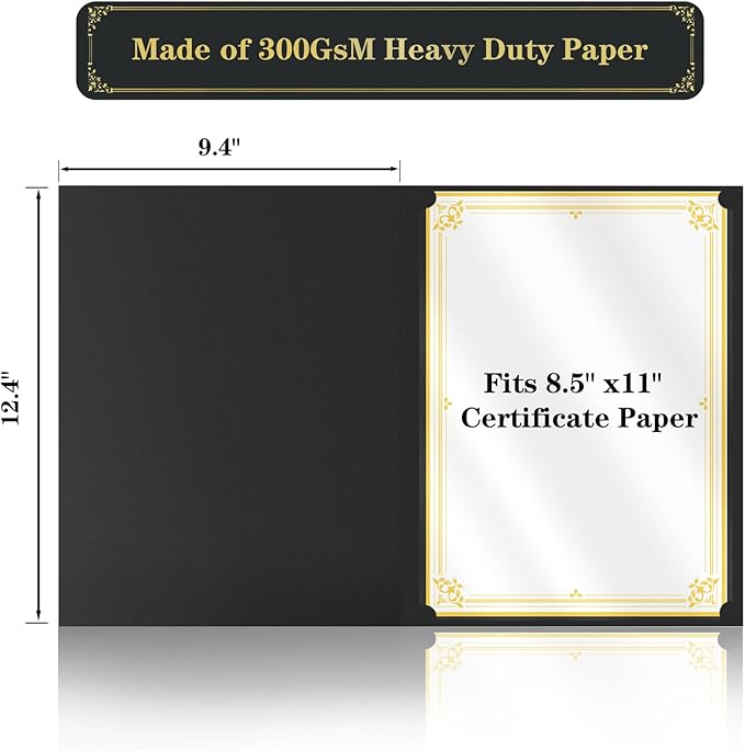 15 Pcs Certificate Holders 8.5 x 11 Additional 15 Pcs Plastic Film, Diploma Covers Gold Foil Border Certificate Holder for Letter Size 8.5x11 Cardstock,Certificates,Document Papers (Black, 15 Sets)