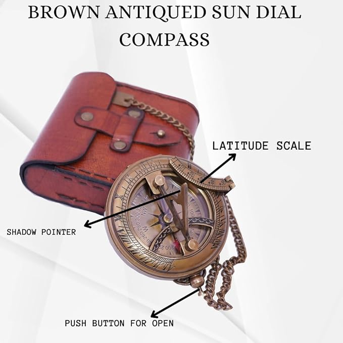 Handcrafted Vintage Brass Sundial Compass – Antique Nautical Sun Clock with Leather Case – Engraved Collectible Brass Compass Gift for Men - Nautical Gifts for Men, Best Anniversary Vintage Gifts