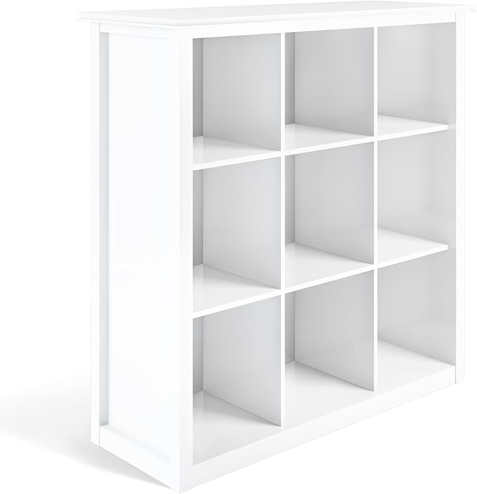SIMPLIHOME Artisan Bookcase - 43 inch Tall 9-Cube Solid Wood Cube Organizer in White, Transitional Storage Bookcase for Living Room, Study Room or Office with Fixed Shelves and Tapered Legs