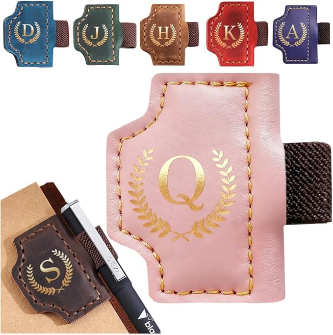 Personalized Mark Bookmark with Pen Holder, Leather Magnetic Book Marker 26 Letters,Custom Initials Page Marks, Gifts for Book Lovers Readers Men Women(Pink, Q)