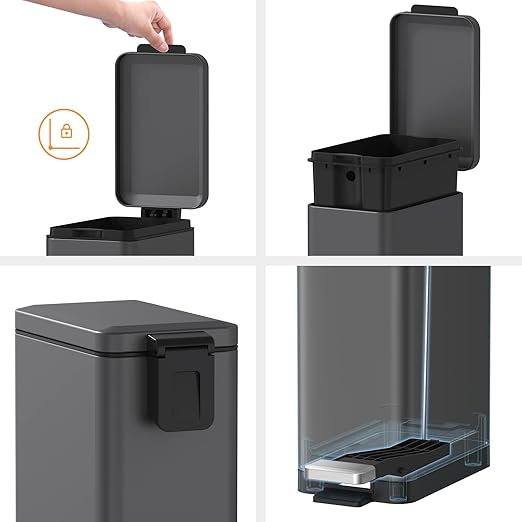 Mbillion Bathroom Trash Can with Lid Slim Stainless Steel Small Bathroom Garbage Can 10 Liter, 2.6 Gallon Soft Close, Step Pedal, Slim Wastebasket for Toilet, Office, Bedroom,Dark Grey