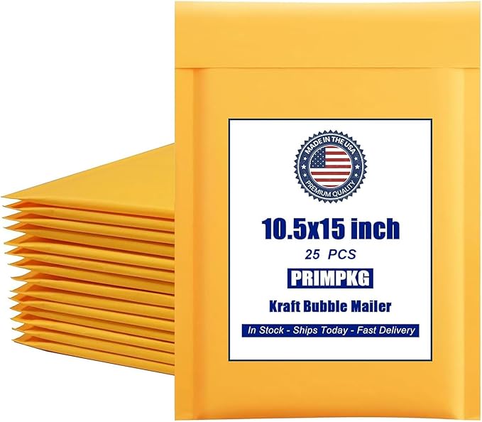 PRIMPKG Bubble Mailer Envelopes, 25 Pack Kraft Padded Envelopes, Large Bubble Mailers 10.5x15 Inch, Self-Seal Shipping Envelope, Tear-Resistant Mailing Envelope Padded