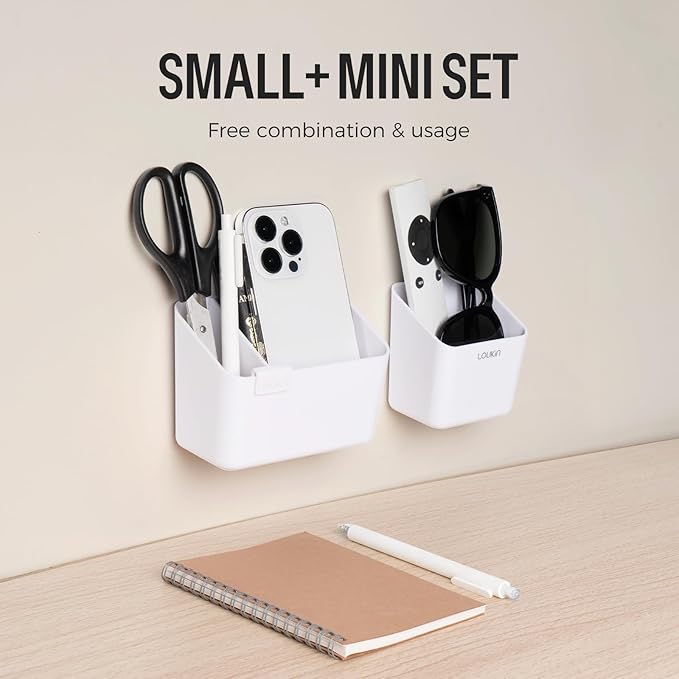 loukin Magnetic & Adhesive Dry Erase Marker Holder with Divider, 1 Small + 1 Mini, Magnetic Storage Organizer for Whiteboard or Refrigerators (White)
