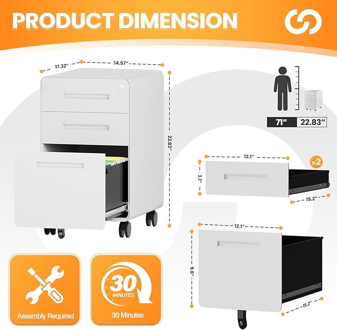 AFAIF 3 Drawer File Cabinet, Fully Assembled Mobile File Cabinets with Lock for Home Office, Metal Rolling Filing Caninet on Wheels, Three Drawer Under Desk Cabnet for Letter/Legal / A4 - White