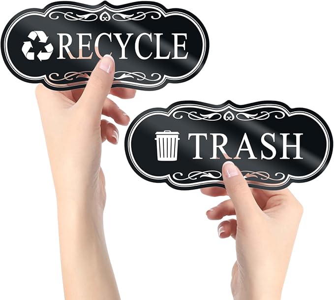 ASAVI Trash & Recycle Stickers – 2-Pack Self-Adhesive Vinyl Labels, Waterproof & Durable (Black Background with Transparent Text, Medium 6.3 x 2.7 inches)