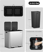 Lovewind Trash Can, 2 x 10.5 Gallon (2 x 40 L) Garbage Can for Kitchen Dual Compartment Recycling Kitchen Step Trash Bin, Stainless Steel Trash and Recycle Bin Combo with Soft-Close Lid, Silver