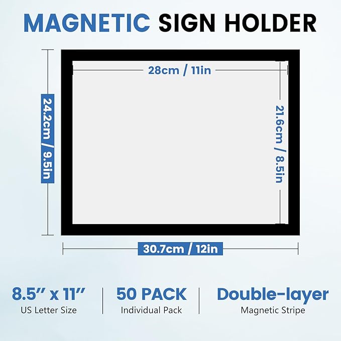 NUITPY 50 Pack Magnetic Sign Holder, 8.5in x 11in Self Adhesive Wall Mount Magnetic Document Holder, Magnetism Border Sign Holder with Transparent PVC Front Cover