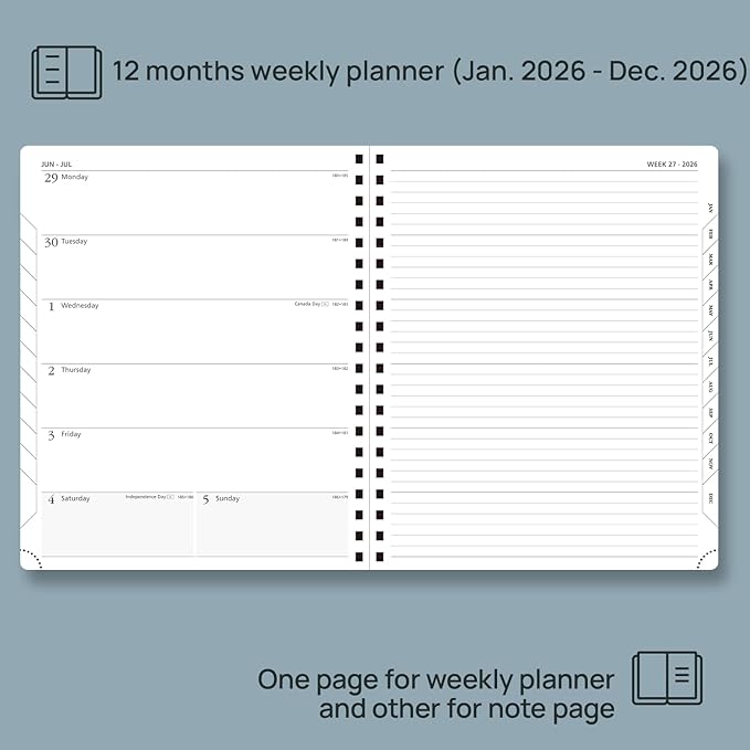 POPRUN 2026 Planner Weekly Notebook Calendar (Jan-Dec), Large Size 8.5'' x 10.5'' - Agenda 2026 Appointment Book with Monthly Tabs, Inner Pocket, Spiral Soft Cover, 100 GSM - Lilac