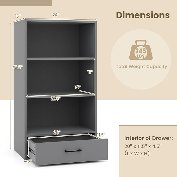 Tangkula 3 Tier Bookcase with Drawer, 42.5”Tall Freestanding Bookshelf with 3 Open Shelves & 1 Drawer, Anti-toppling Devices, Modern Display Storage Organizer for Home Office (Grey, 42.5" H)