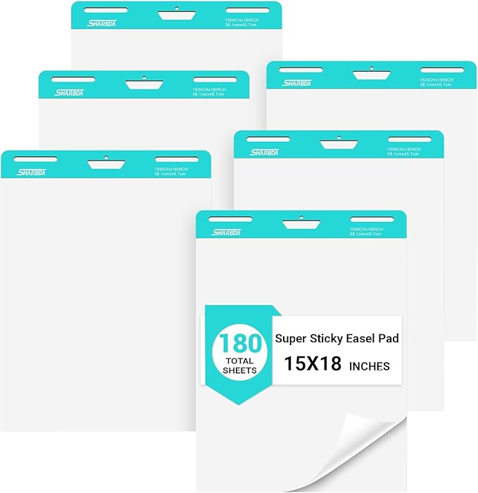 SHARBDA Sticky Mini Easel Pad, 15 x 18 Inches, Self Stick Flip Chart Paper,Sticky Chart Paper for Teachers, Anchor Chart Paper for Office, 30 Sheets/Pad,6 Pads