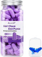 Aoutrow 60 Pairs Soft Foam Ear Plugs, 38dB SNR Slow Rebound Ear Plugs for Sleeping Noise Cancelling, Noise Reduction, Work, Swimming, Shooting, Studying, Purple