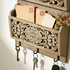 Chadechimo Rustic Key and Mail Holder for Wall Home Decorative,2-Slot Mail Organizer Wall Mount with 3 Hooks, Wooden Key Hangers Wall File Organizer Letter Sorter for Letter Magazines（Brown）