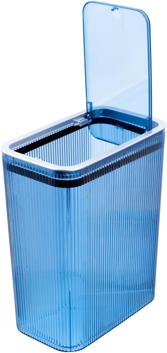 Glad Bathroom Trash Can, 2.6 Gallon (10L) - Slim Plastic Waste Basket with Pop-Up Lid and Bag Ring - Colored Clear Trash Can for Bedroom, Office, College Dorm - Blue