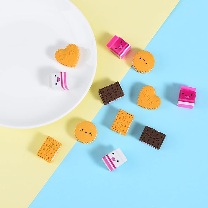 Cookie Erasers for Kids, 12 Pieces 3D Cute Food Puzzle Mini Biscuit Eraser, Cool Fun Take Apart Desk Pet Erasers for Girls