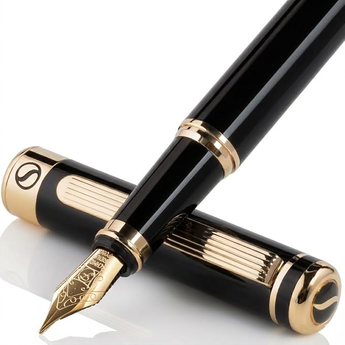 Scriveiner Luxury Fountain Pen - Stunning Black Lacquer Pen, Real Gold Finish, Schmidt Gilded Nib (Fine), Converter, Best Pen Gift Set for Men & Women, Professional, Executive, Office, Nice Pens