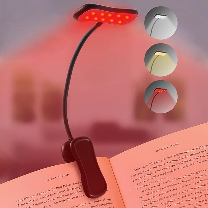 Finezeal 630nm Red Book Light - Zero Blue Light, Rechargeable Clip On Red Reading Light for Reading at Night, Poratble Dimmable LED Book Lamp, Perfect for Travel Nursing Studying