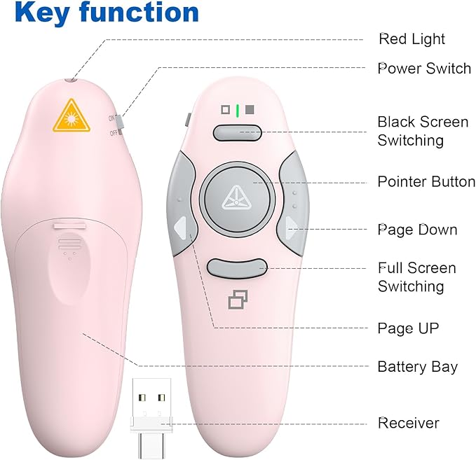 QUI Presentation Clicker Wireless Presenter Remote Clicker for PowerPoint Presentation Remote, PowerPoint Slide Advancer for Mac/Windows/Linux, Google Slide/PPT/Keynote, USB A&C, Pink