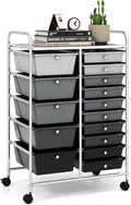LDAILY 15 Drawer Rolling Storage Cart, Rolling Cart with Drawers for Classroom, Art Supply Craft Organizer on Wheel with Metal Frame & Handles for Home Office School