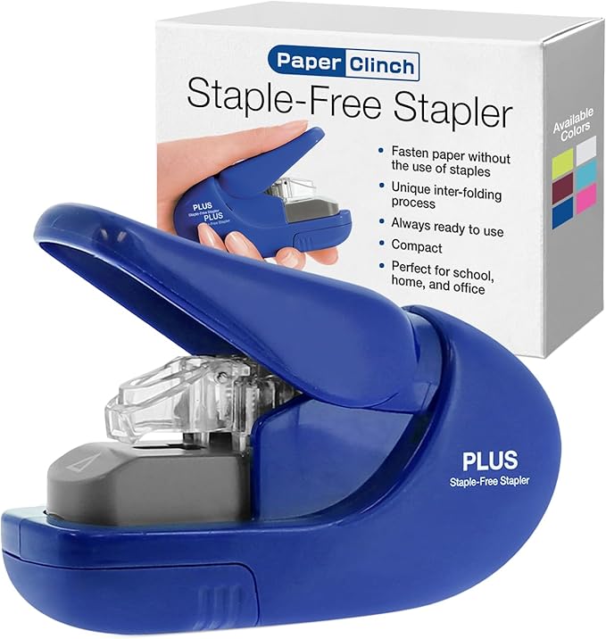 Plus Paper Clinch Compact Staple-Free Stapler, Blue