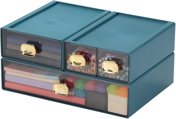 OSteed Spacious Desktop Storage Box, 1 Large 1 Middle & 2 Small Storage Drawers, Stackable Office Desk Drawer Organizer and Accessories, Printer Paper Organizer, Blue Plastic Drawers for Workspace