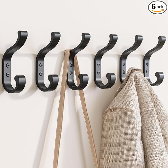 bussdis Wall-Mount Coat Hooks, Heavy Duty 30LB Hooks for Hanging Coats, Bags, Backpacks, Keys, Hats – Black Metal Hooks for Wall,Door (6 Pack)