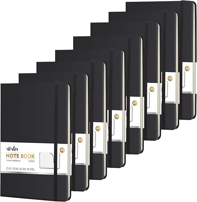 ViVin Lined Journal Notebooks for Work, 192 Pages, Medium 5.5 x 8.3 inch, College Ruled, A5 Hardcover Journaling Notebooks for Writing, 8 Pack Bulk,Black