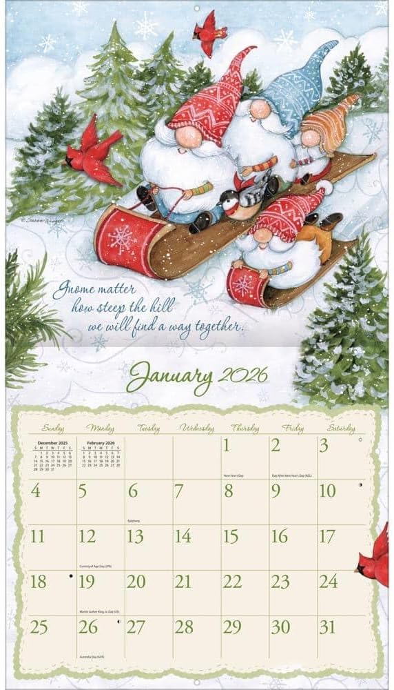 Lang Gnome Sweet Gnome 2026 Wall Calendar – 12-Month Calendar with Stapled Binding, Whimsical Gnome Artwork by Susan Winget, Linen-Embossed Paper, 13.4″ × 12″