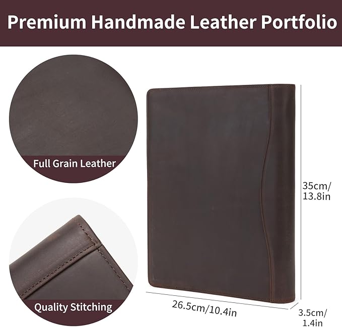 Geslun Genuine Leather 3 Ring Binder, 8.5 x 11 Letter Size Folio with Pen Holder, Soft Notebook Portfolio Cover, Slim Notepad Padfolio Thin File Organizer for Work Executive Meeting, Dark Brown