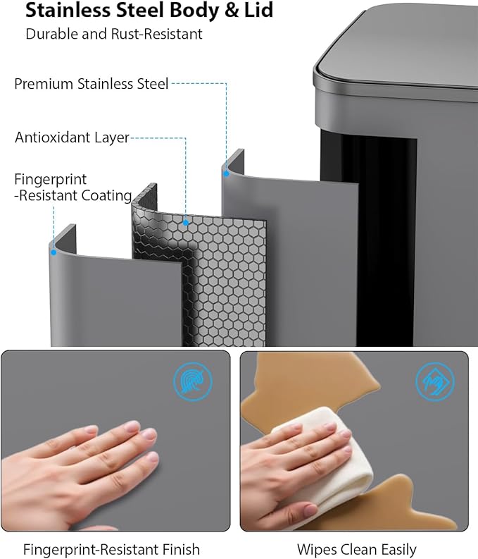 Lovewind Trash Can, 2 x 10.5 Gallon (2 x 40 L) Garbage Can for Kitchen Dual Compartment Recycling Kitchen Step Trash Bin, Stainless Steel Trash and Recycle Bin Combo with Soft-Close Lid, Grey
