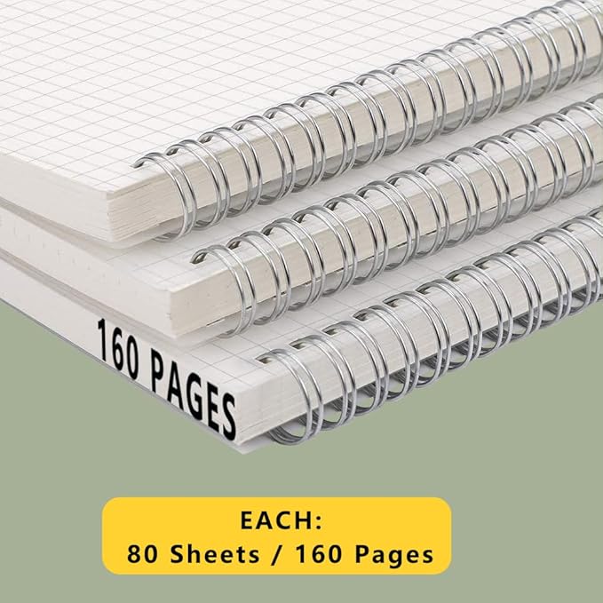 WRENBEN A5 Spiral Notebook 120gsm Graph Paper Notebook 160 Pages Per Hardcover Grid Notebooks 5.7 x 8.3 Inches (2 Pack)