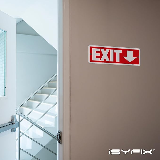 iSYFIX Exit Signs 12 Pack 12x4 Inch with Directional Down Arrows - Rust Free Aluminum, Laminated for UV, Weather, Scratch Resistance - Ideal for Offices, Schools, Theaters, Restaurants