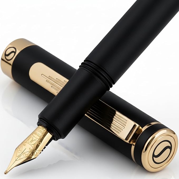 Scriveiner Luxury EDC Fountain Pen (Medium), Stunning Luxury Black Pocket Pen, Real Gold Plating, Schmidt Gilded Nib, Converter, Best Writing Gift Set for Men & Women, Nice Fancy Office Designer Pen