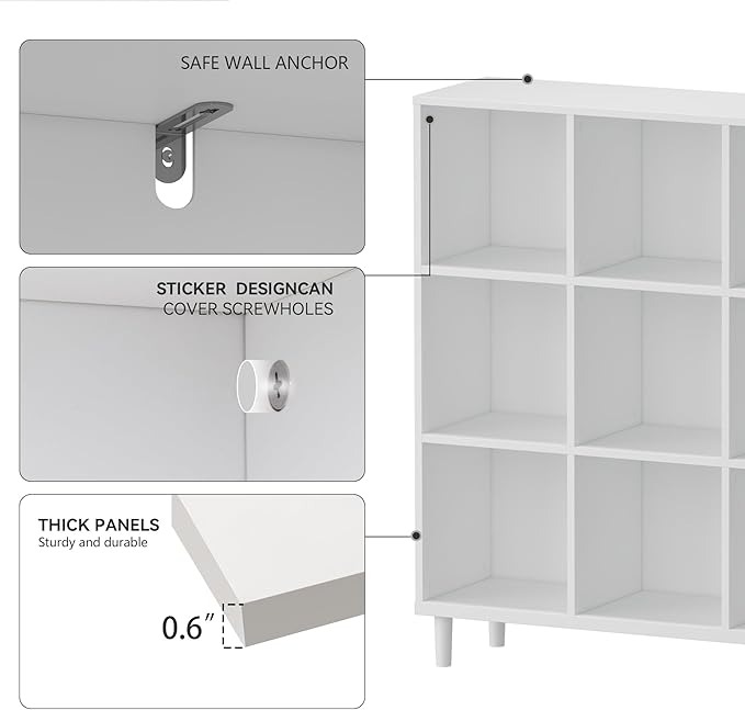 Chyanmoo Wood Cube Storage Organizer White Bookshelf - 3-Tier Freestanding Storage Cabinet with Legs for Home Office, 9-Cubes Open Shelf