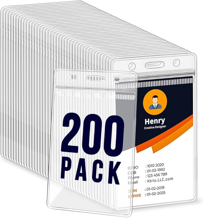 200 Pack ID Badge Holder - Vertical Badge Holder, 2.25" x 3.5" Clear Cards Holders for Lanyard, Plastic Sealable Waterproof, Name Tag Holder for Nurses, Office and School