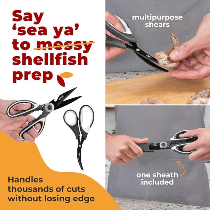 Titanium Coated Kitchen Shears by Gidli - Liftime Replacement Warranty* - Includes Seafood Scissors As a Bonus - Heavy Duty Utility Titanium All Purpose Ultra Sharp Scissors for Food/Cooking
