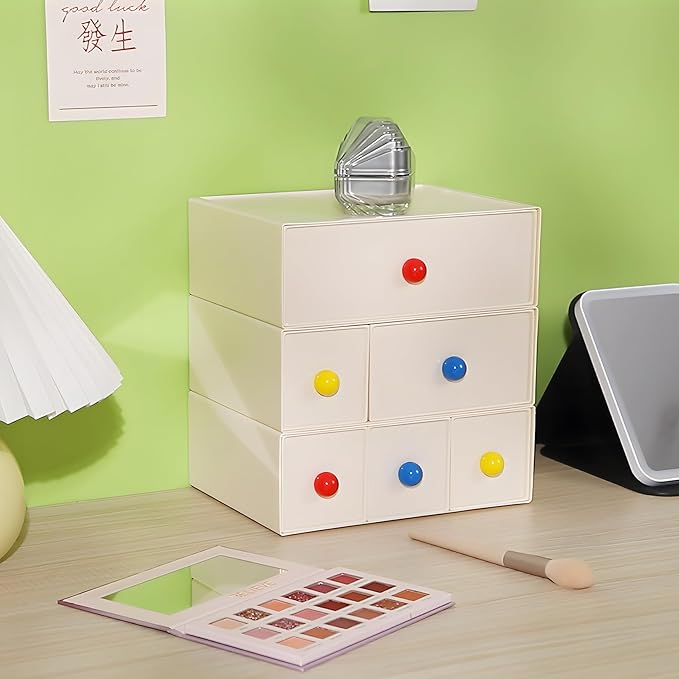 OSteed Desktop Drawers, Desk Organizer with 6 Drawers & Dopamine Handles, Stackable Craft Storage Box for Home Collection, Cosmetics, Office Supplies (3 Tiers, Cream)