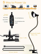 LiFMIRA Clip on Light USB Reading Light 3 Color Modes 10 Brightness Levels Eye Care Clamp Light Flexible Gooseneck Dimmable Reading Lamp Clip on Lamp for Bed Headboard Desk Bedside Dorm (Black)