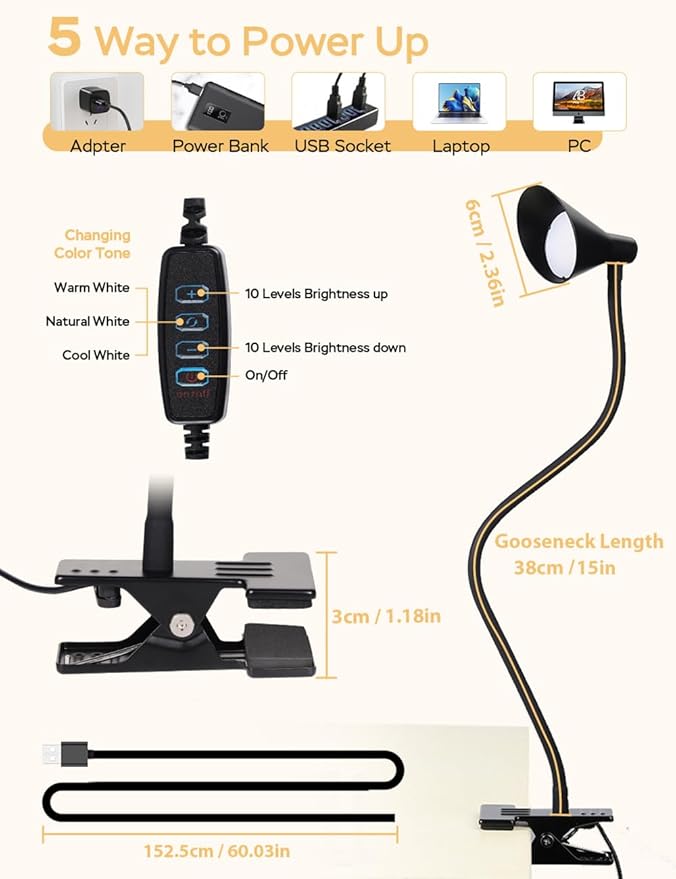 LiFMIRA Clip on Light USB Reading Light 3 Color Modes 10 Brightness Levels Eye Care Clamp Light Flexible Gooseneck Dimmable Reading Lamp Clip on Lamp for Bed Headboard Desk Bedside Dorm (Black)
