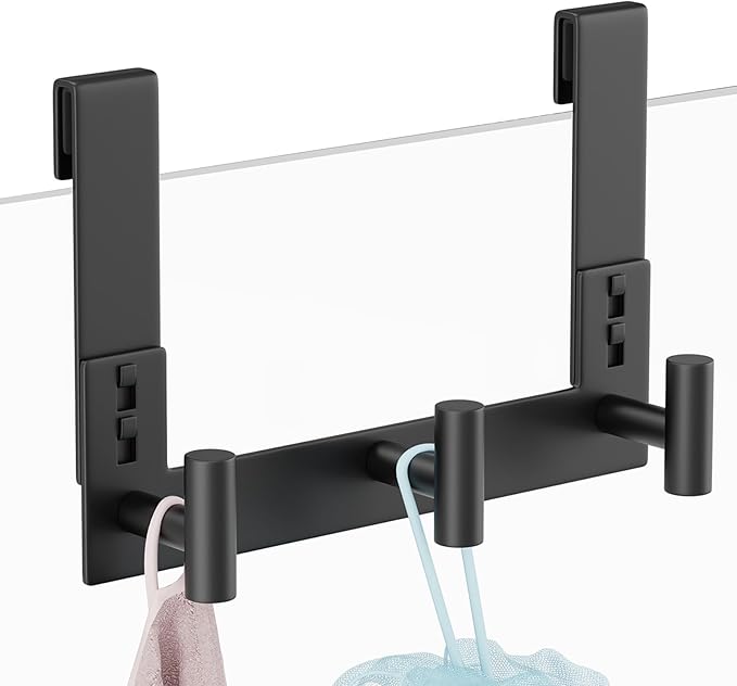 PMMASTO No-Drill Extra Long Shower Hooks, Fits 3/8" Thick Door, Heavy Duty Stainless Steel Towel Hooks for Frameless Glass Shower Door, Holds Bathrobe Towel (Black, 3 T-Hooks)
