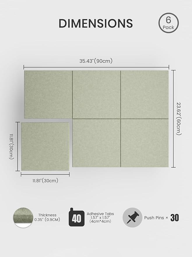 Bumusty Large Cork Board 36"x24" Alternative - 6 Pack Felt Wall Tiles with 40 Safe Removable Adhesive Tabs, 30 Pushpins, Cork Boards for Walls Pin Board Bulletin Board Office Decor (Sage)